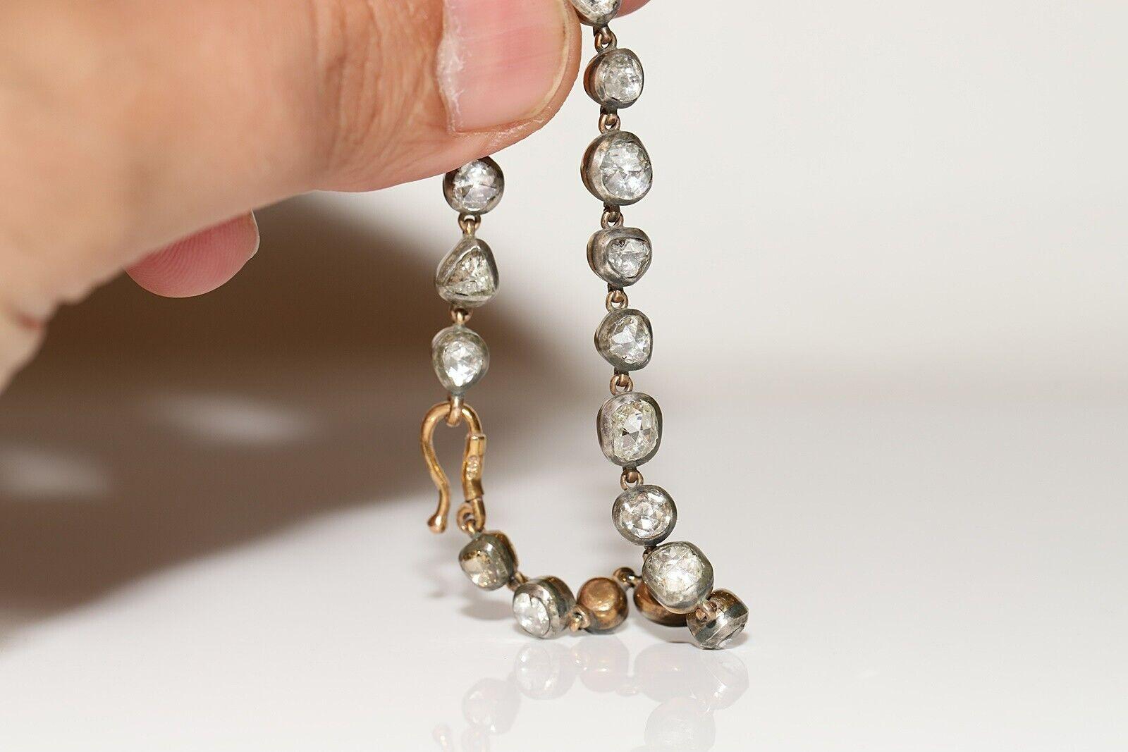 New Handmade 14k Gold Top Silver Natural Rose Cut Diamond Tennis Bracelet For Sale 9