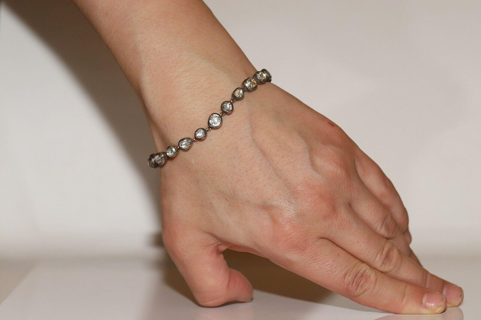 Nueva pulsera de tenis hecha a mano de oro de 14 quilates y plata con diamantes naturales talla rosa en venta 9