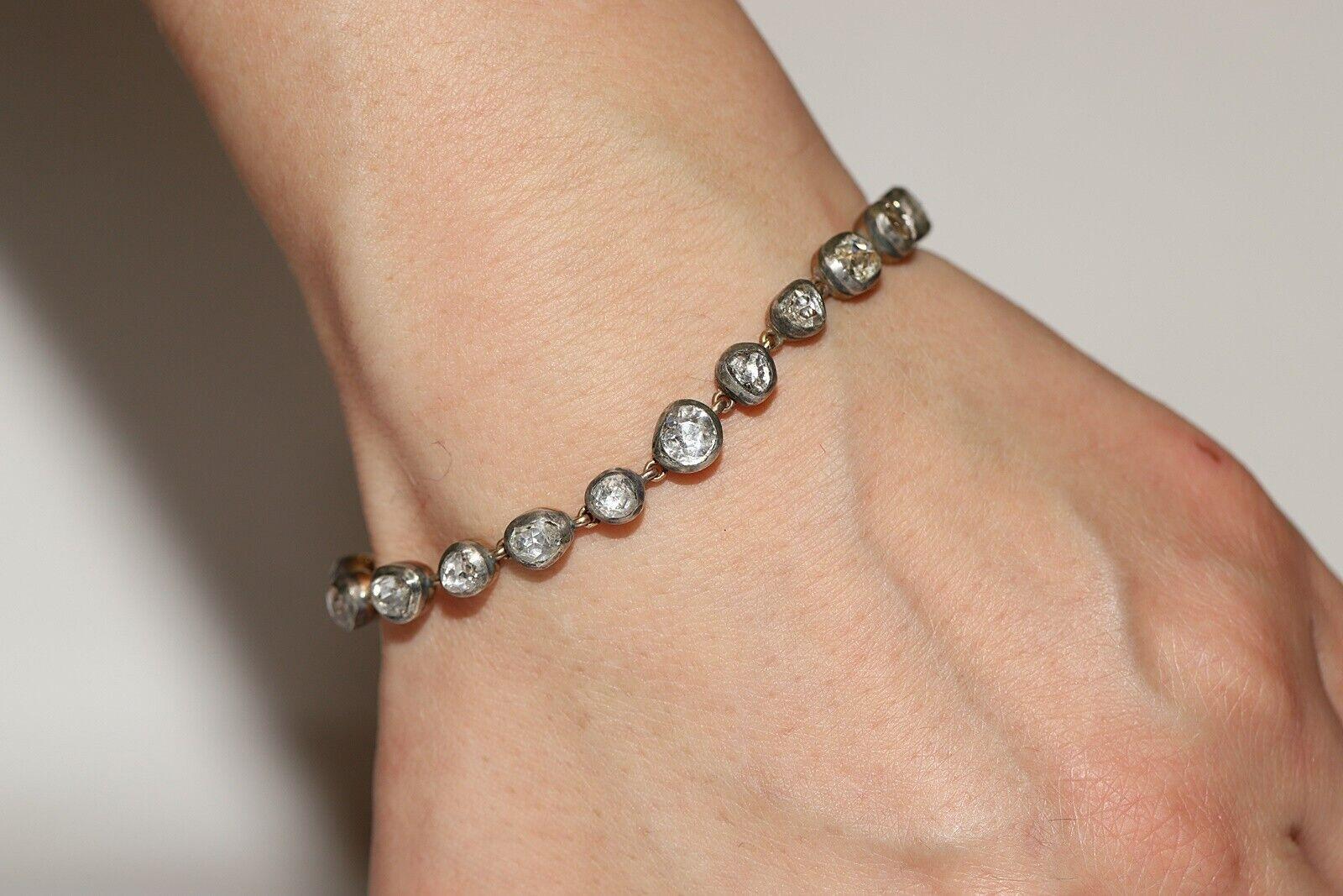 Nueva pulsera de tenis hecha a mano de oro de 14 quilates y plata con diamantes naturales talla rosa en venta 10