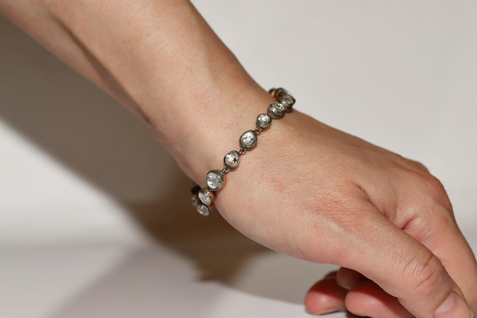 Nueva pulsera de tenis hecha a mano de oro de 14 quilates y plata con diamantes naturales talla rosa en venta 11