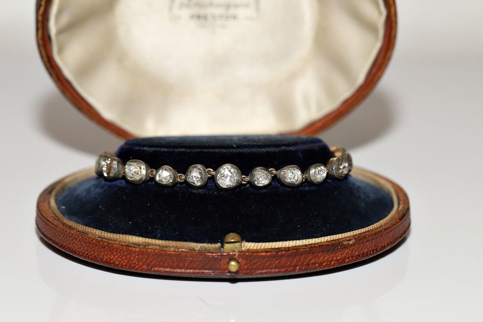 Nueva pulsera de tenis hecha a mano de oro de 14 quilates y plata con diamantes naturales talla rosa en venta 12