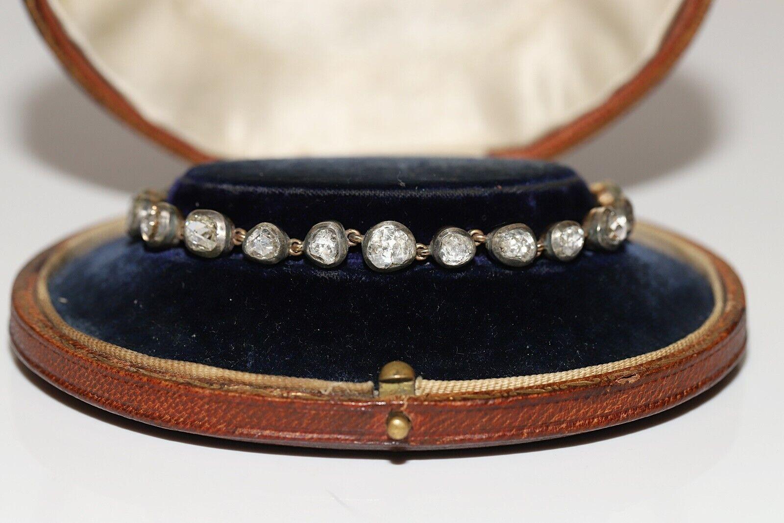 New Handmade 14k Gold Top Silver Natural Rose Cut Diamond Tennis Bracelet For Sale 14