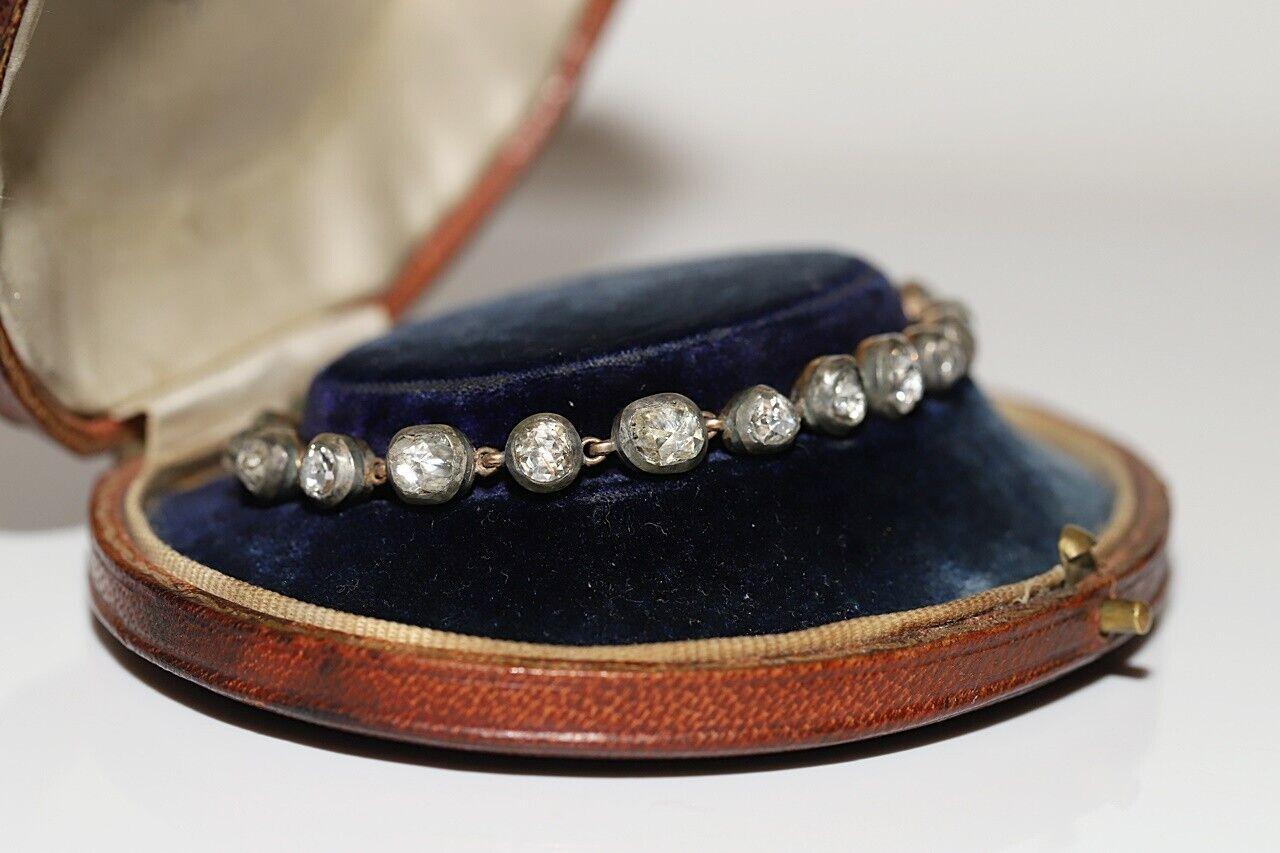 Nueva pulsera de tenis hecha a mano de oro de 14 quilates y plata con diamantes naturales talla rosa en venta 14