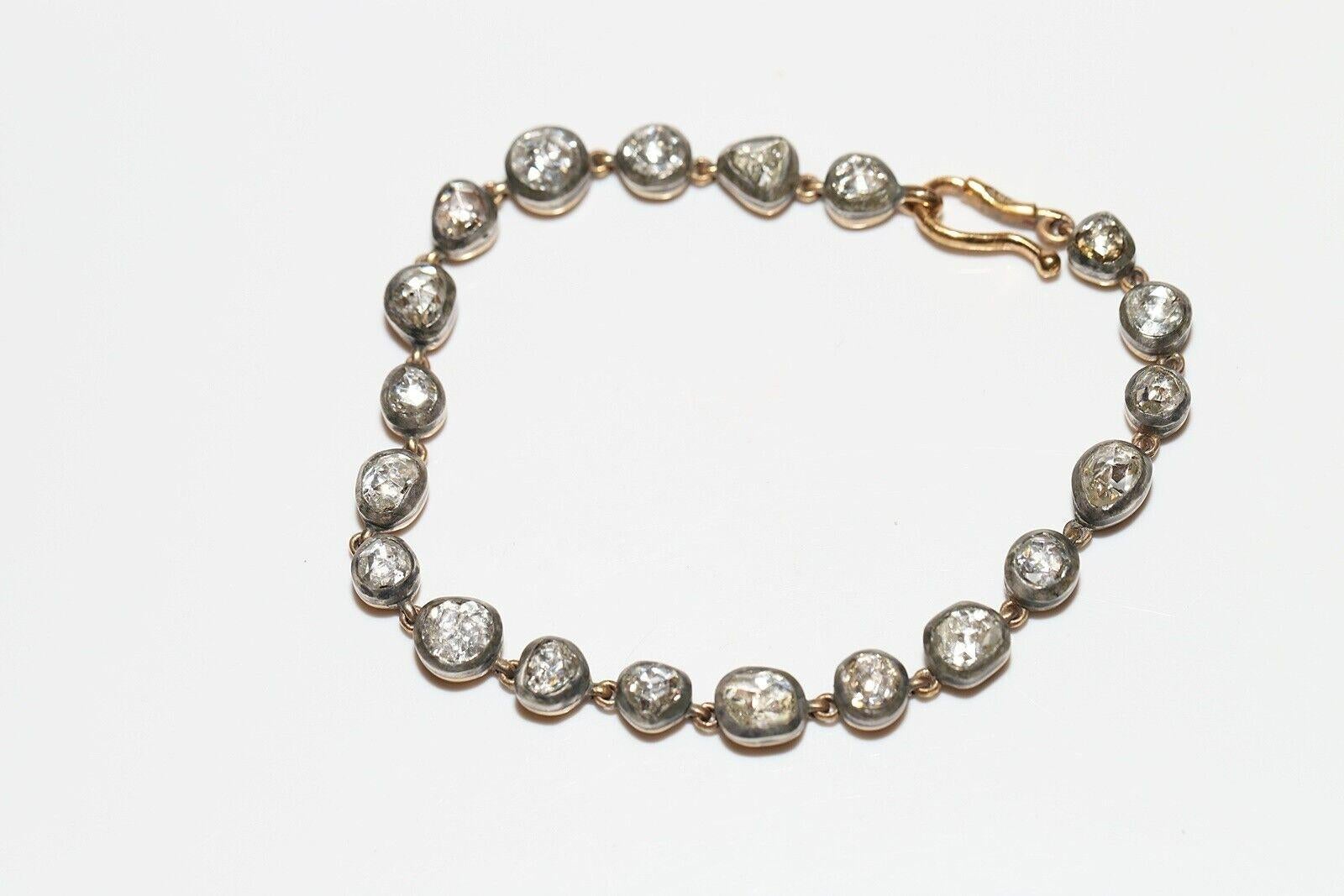 Nueva pulsera de tenis hecha a mano de oro de 14 quilates y plata con diamantes naturales talla rosa Moderno en venta