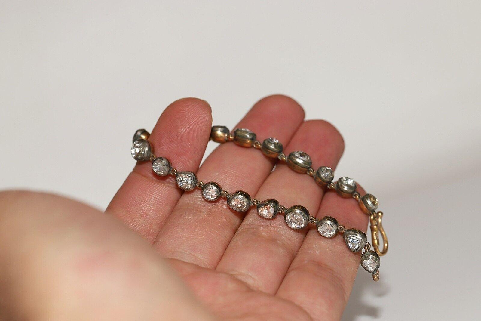 New Handmade 14k Gold Top Silver Natural Rose Cut Diamond Tennis Bracelet For Sale 3