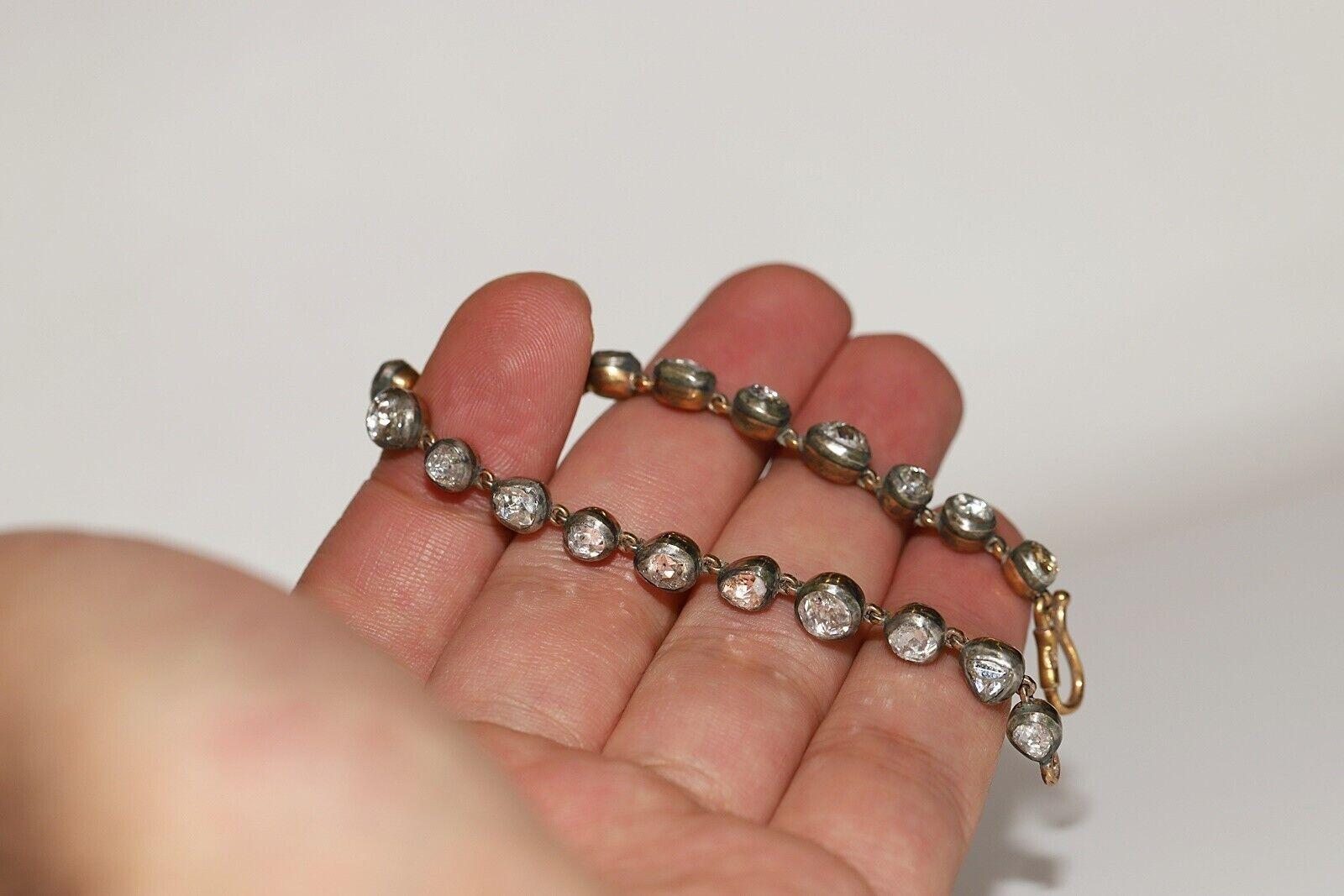 Nueva pulsera de tenis hecha a mano de oro de 14 quilates y plata con diamantes naturales talla rosa en venta 2