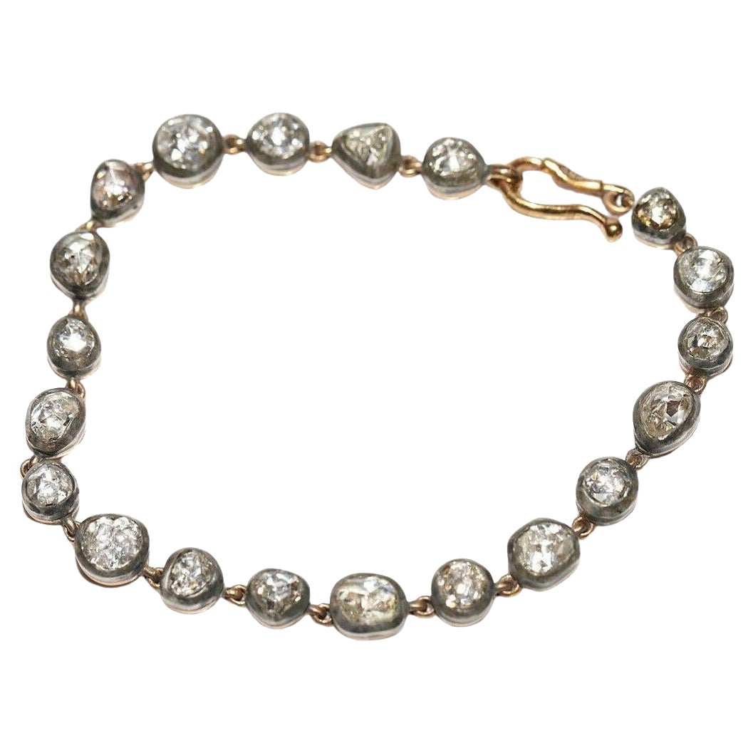 Nueva pulsera de tenis hecha a mano de oro de 14 quilates y plata con diamantes naturales talla rosa
