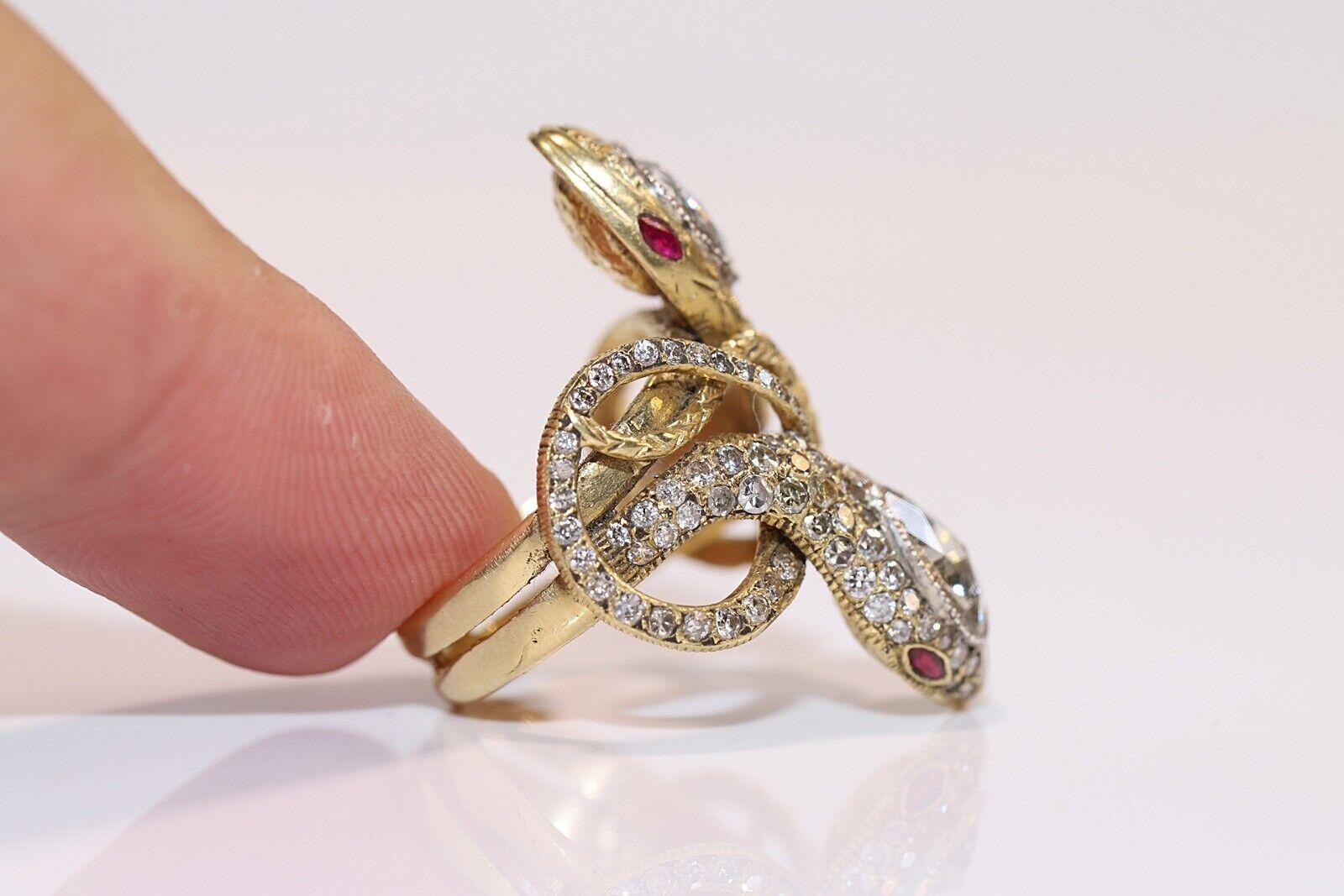 Rose Cut New Handmade 18k Gold Natural Diamond And Ruby Decorated Big Strong Snake Ring For Sale