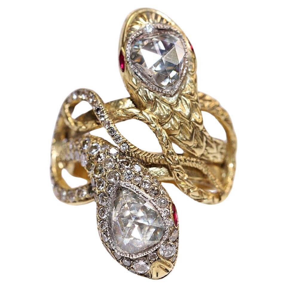 New Handmade 18k Gold Natural Diamond And Ruby Decorated Big Strong Snake Ring (bague serpent)