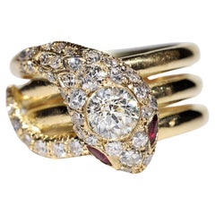 New Handmade 18K Gold Natural Diamond And Ruby Snake Ring 