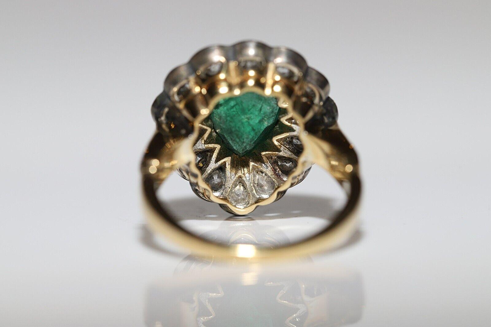 Old Mine Cut New Handmade 18k Gold Top Silver Natural Diamond And Emerald Decorated Ring For Sale