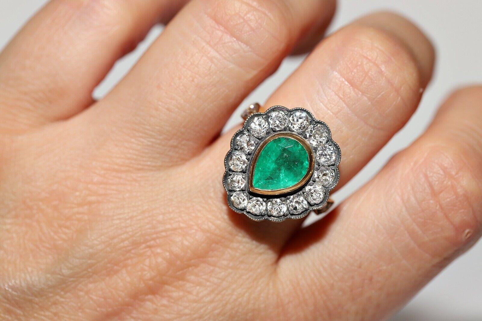 New Handmade 18k Gold Top Silver Natural Diamond And Emerald Decorated Ring (bague décorée de diamants naturels et d'émeraudes) en vente 1