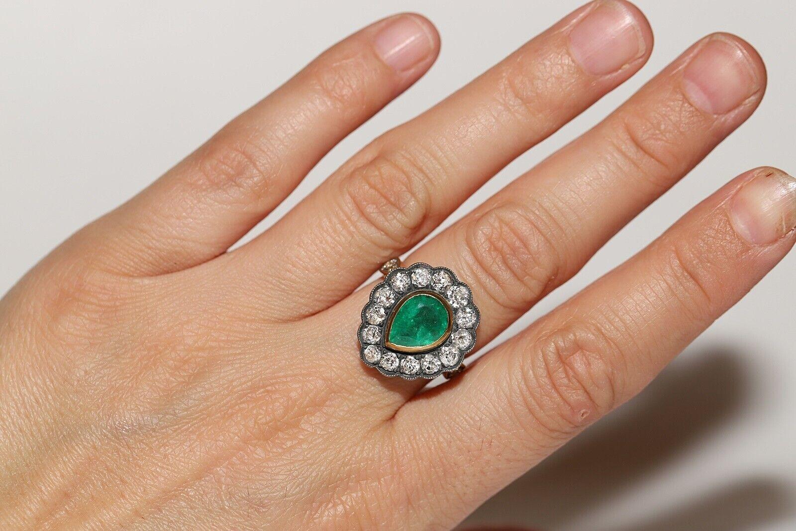 New Handmade 18k Gold Top Silver Natural Diamond And Emerald Decorated Ring (bague décorée de diamants naturels et d'émeraudes) en vente 2