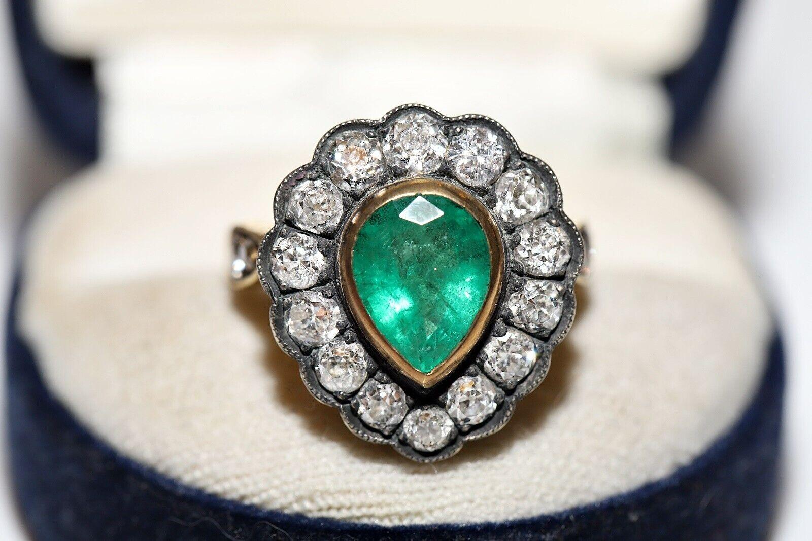 New Handmade 18k Gold Top Silver Natural Diamond And Emerald Decorated Ring (bague décorée de diamants naturels et d'émeraudes) en vente 3