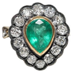 New Handmade 18k Gold Top Silver Natural Diamond And Emerald Decorated Ring