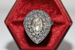 New Handmade 18k Gold Top Silver Natural Diamond Decorated Drop Ring