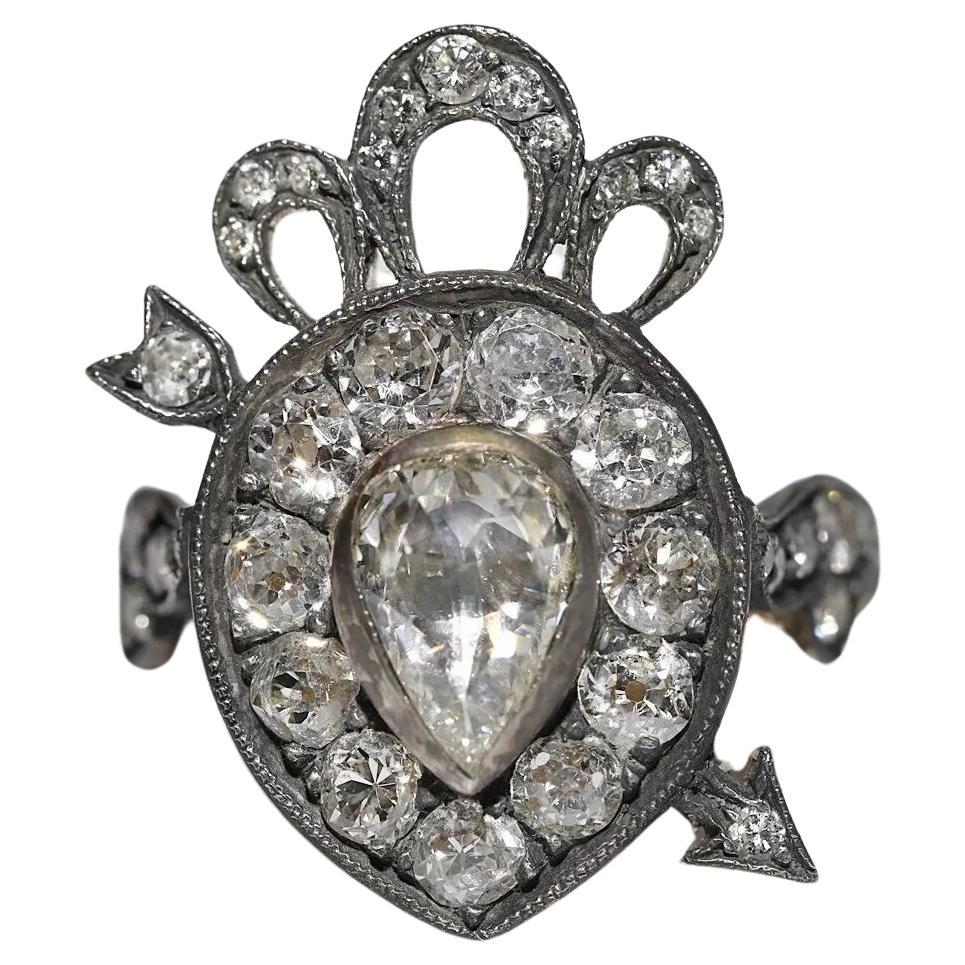 New Handmade 18k Gold Top Silver Natural Diamond Decorated Heart Arrow Ring (bague flèche en forme de cœur) en vente