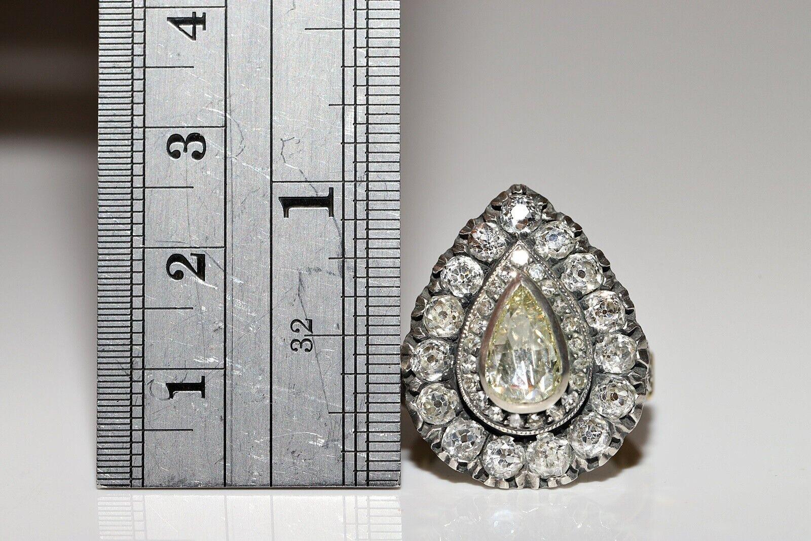 In very good condition.
Total weight is 16.9 grams.
Center rose cut diamond 0.96 carat.
Clarity is center rose cut diamond Light yellow color and s1 .
Side old cut diamond totally 3.87 carat.
Clarity is around diamond H-I color and vs-s1.
Ring size