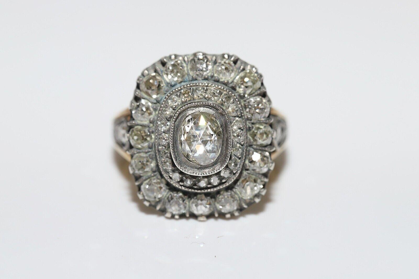 Old Mine Cut New Handmade 18k Gold Top Silver Natural Diamond Decorated Strong Ring  For Sale