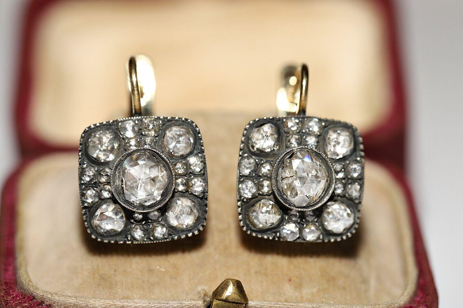 New Handmade 18k Gold Top Silver Natural Rose Cut Diamond Decorated Earring For Sale 7