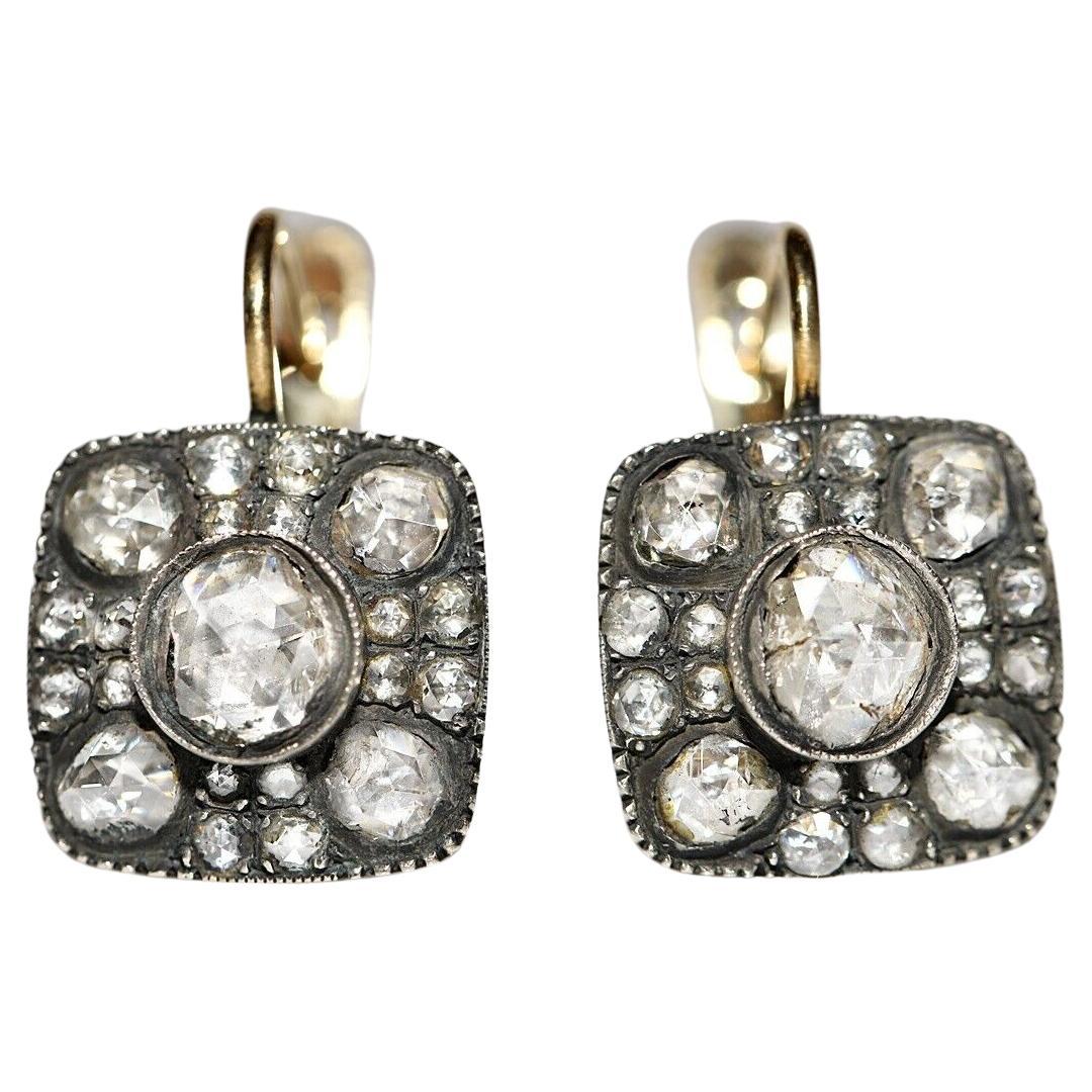 New Handmade 18k Gold Top Silver Natural Rose Cut Diamond Decorated Earring en vente