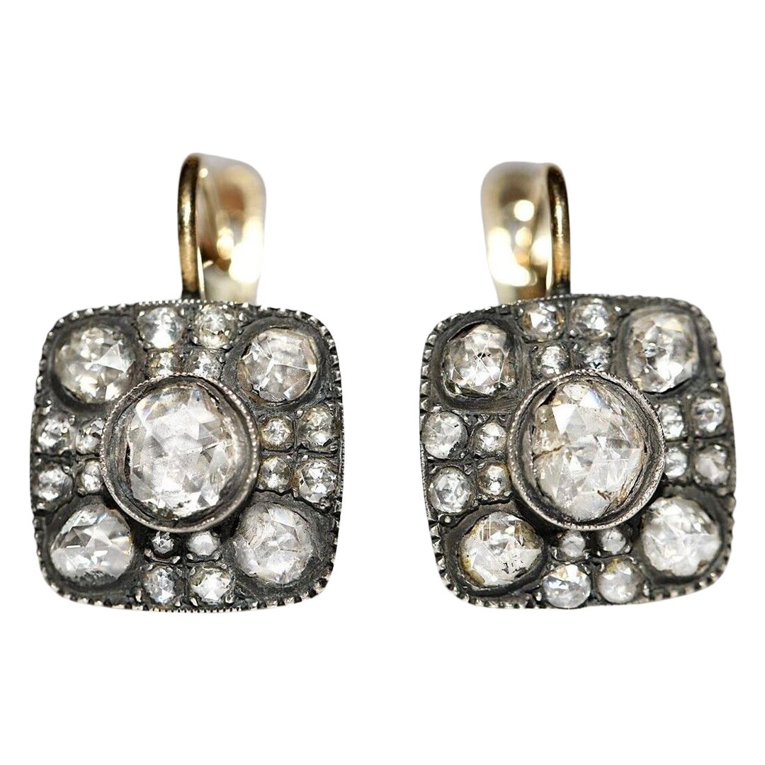 New Handmade 18k Gold Top Silver Natural Rose Cut Diamond Decorated Earring