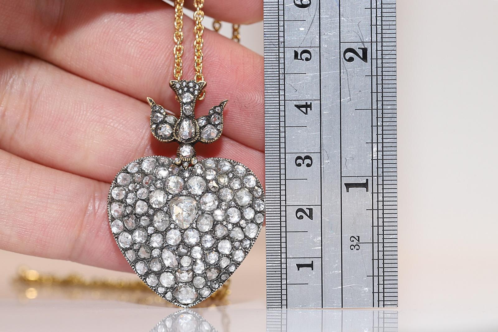 Neu Handgefertigte 18k Gold Top Silber Natürlicher Rosenschliff Diamant Herz Anhänger Halskette im Angebot 5