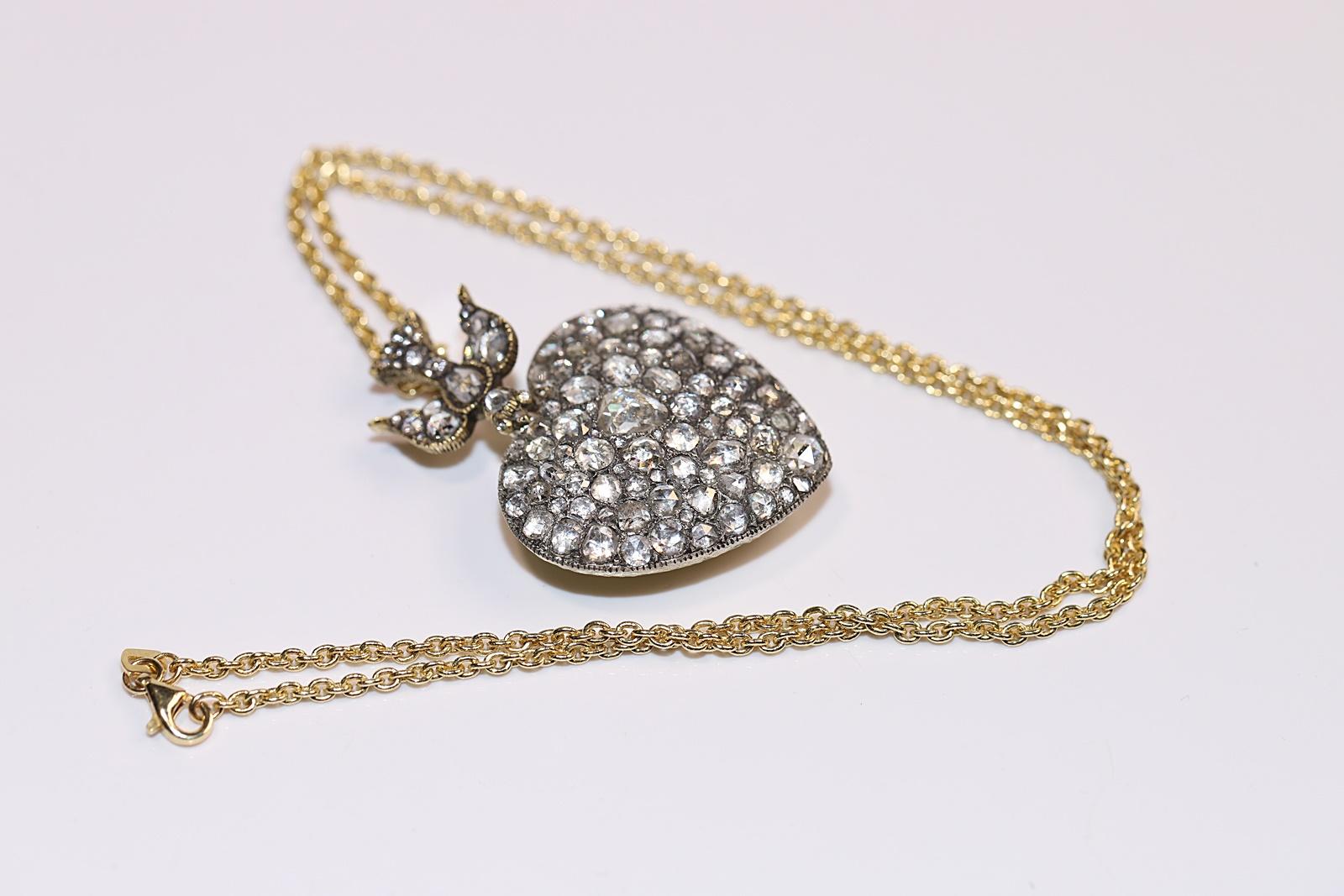 Neu Handgefertigte 18k Gold Top Silber Natürlicher Rosenschliff Diamant Herz Anhänger Halskette im Angebot 6