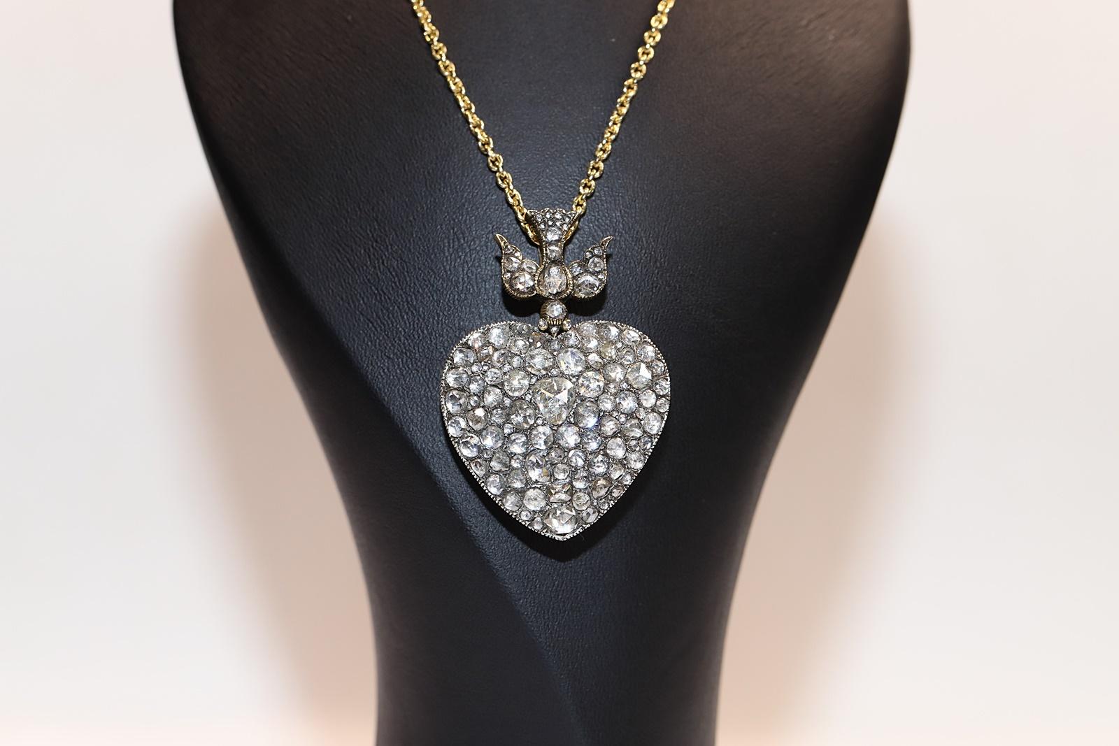 Neu Handgefertigte 18k Gold Top Silber Natürlicher Rosenschliff Diamant Herz Anhänger Halskette (Moderne) im Angebot