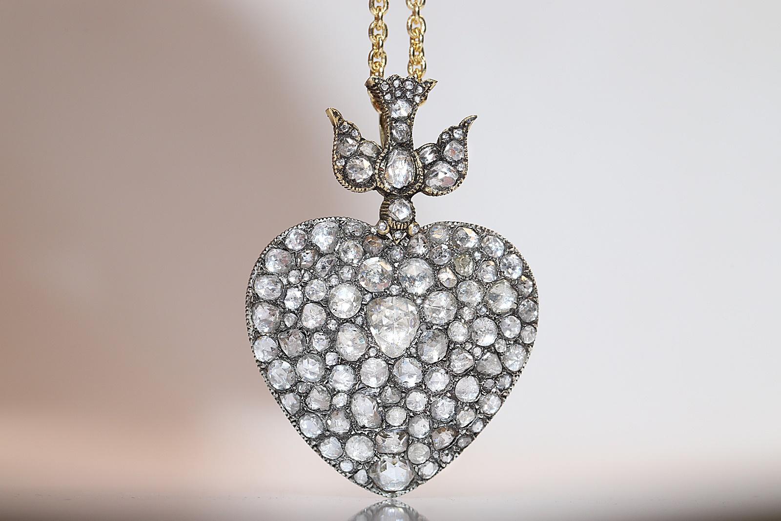 Neu Handgefertigte 18k Gold Top Silber Natürlicher Rosenschliff Diamant Herz Anhänger Halskette im Angebot 1