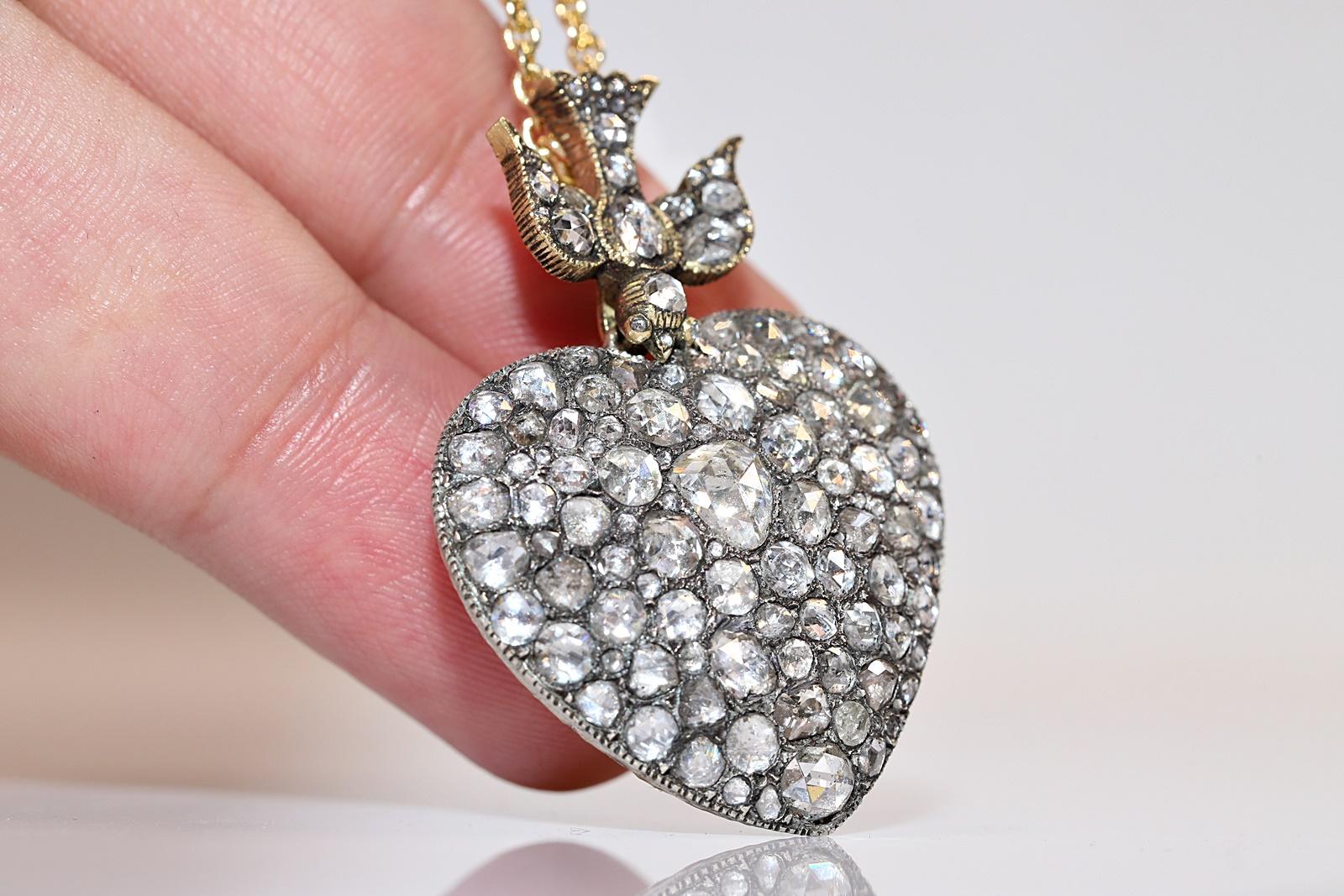 Neu Handgefertigte 18k Gold Top Silber Natürlicher Rosenschliff Diamant Herz Anhänger Halskette im Angebot 2
