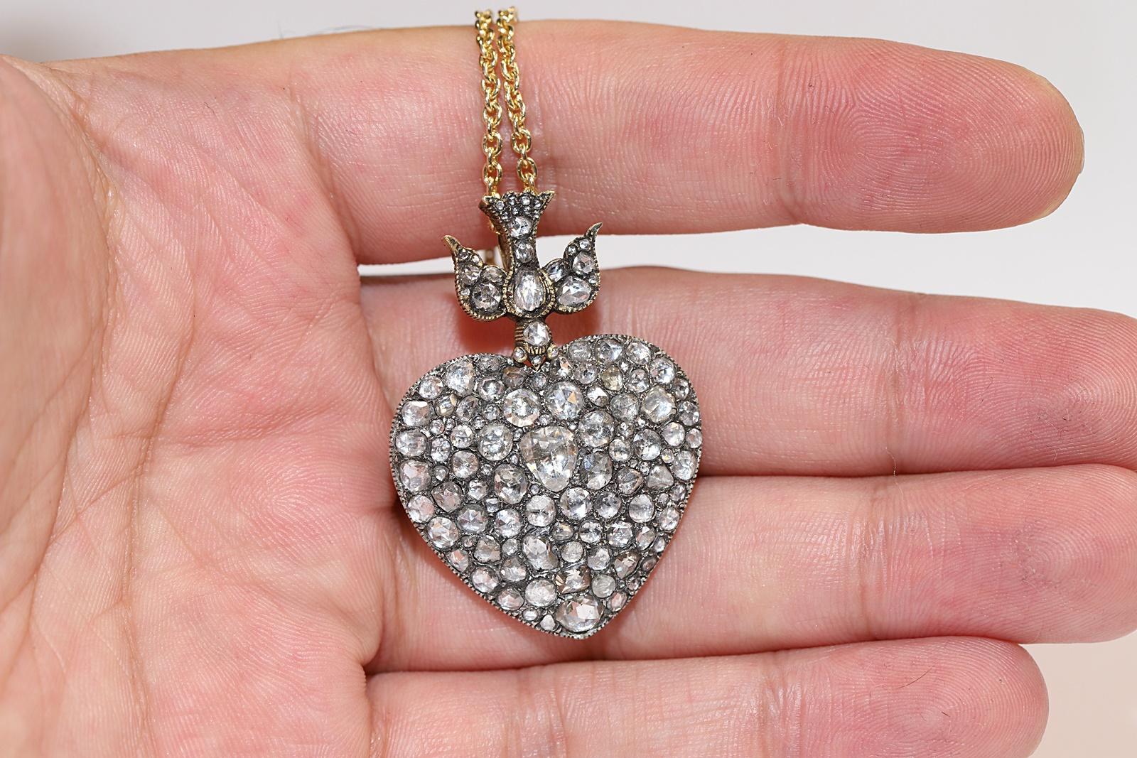 Neu Handgefertigte 18k Gold Top Silber Natürlicher Rosenschliff Diamant Herz Anhänger Halskette im Angebot 4