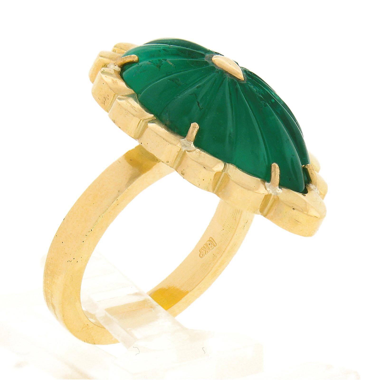 New Handmade 18K Green Gold 9ct GIA Carved Green Emerald Statement Cocktail Ring For Sale 4