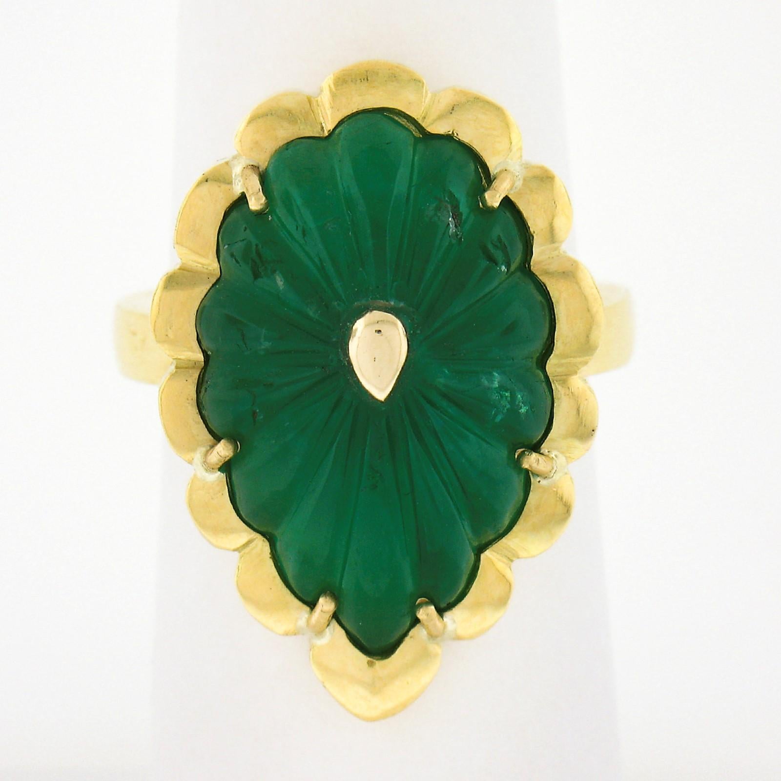 Pear Cut New Handmade 18K Green Gold 9ct GIA Carved Green Emerald Statement Cocktail Ring For Sale