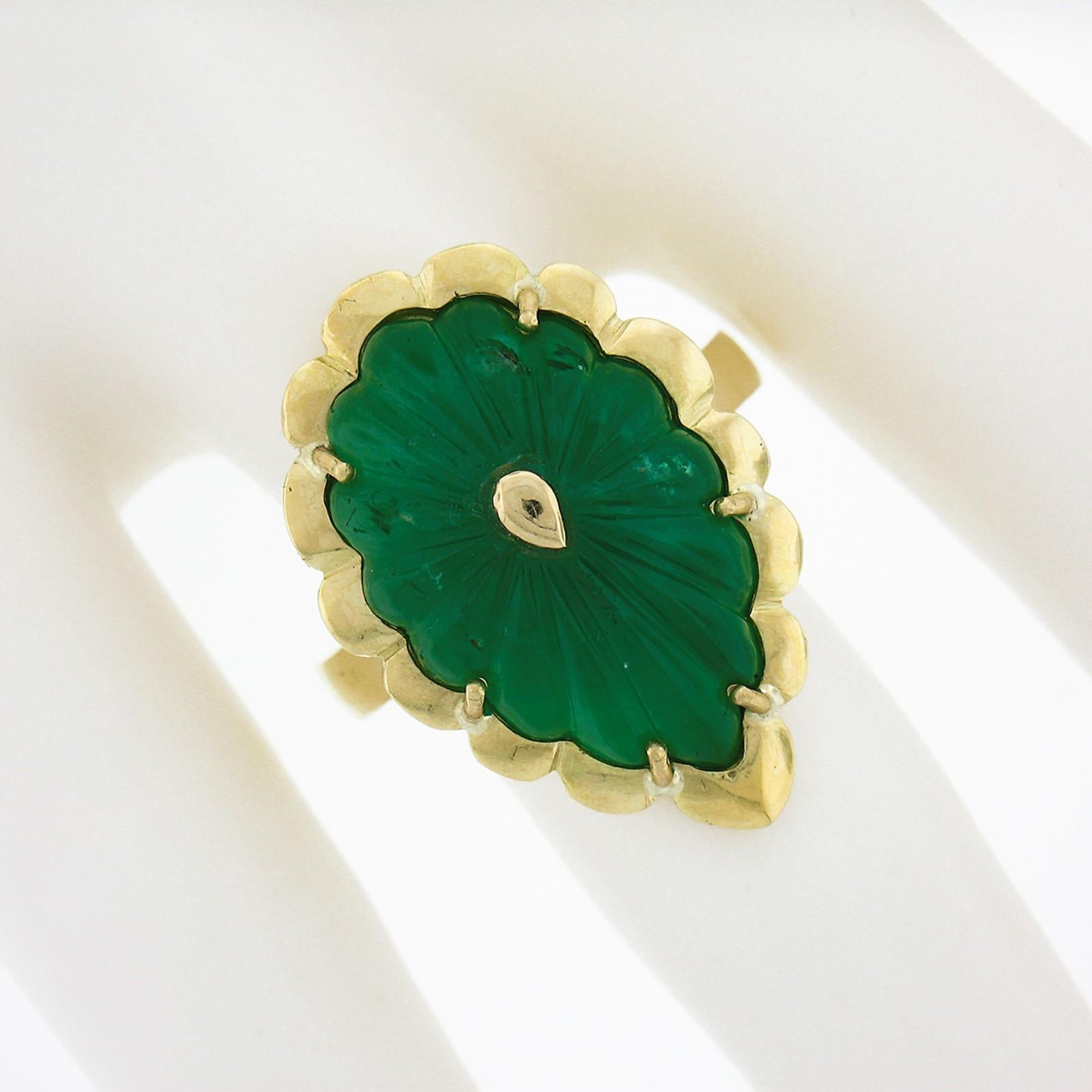 New Handmade 18K Green Gold 9ct GIA Carved Green Emerald Statement Cocktail Ring In New Condition For Sale In Montclair, NJ