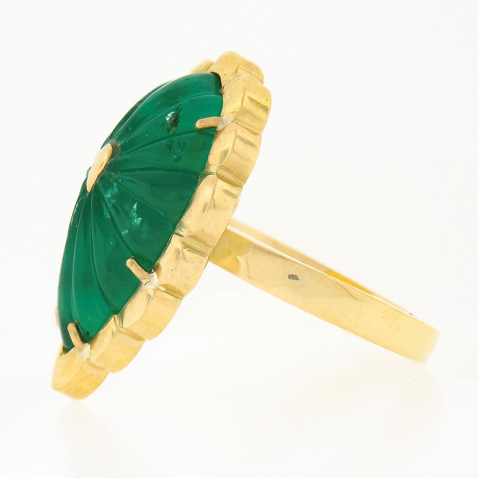 New Handmade 18K Green Gold 9ct GIA Carved Green Emerald Statement Cocktail Ring For Sale 1