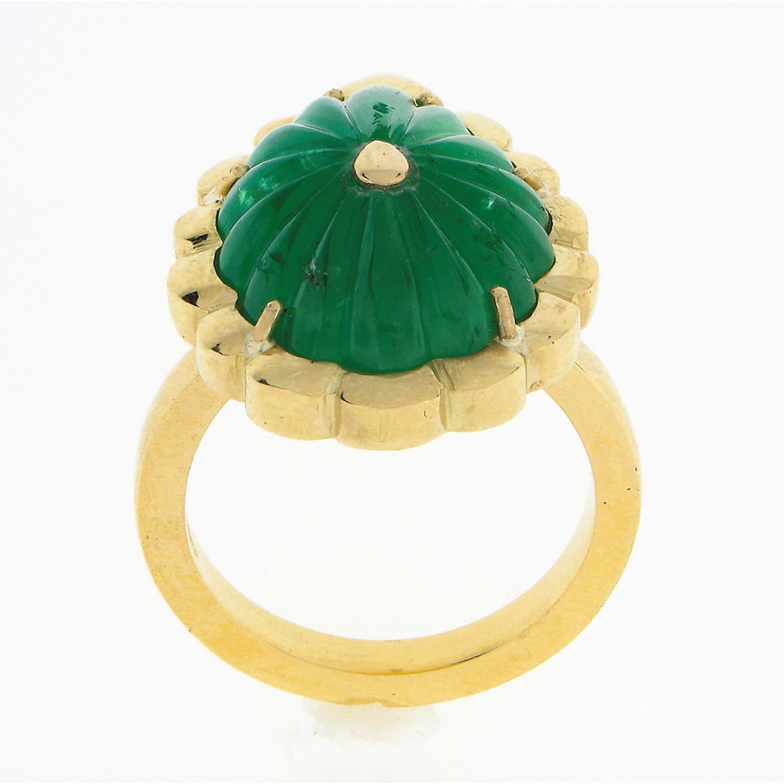 New Handmade 18K Green Gold 9ct GIA Carved Green Emerald Statement Cocktail Ring For Sale 3