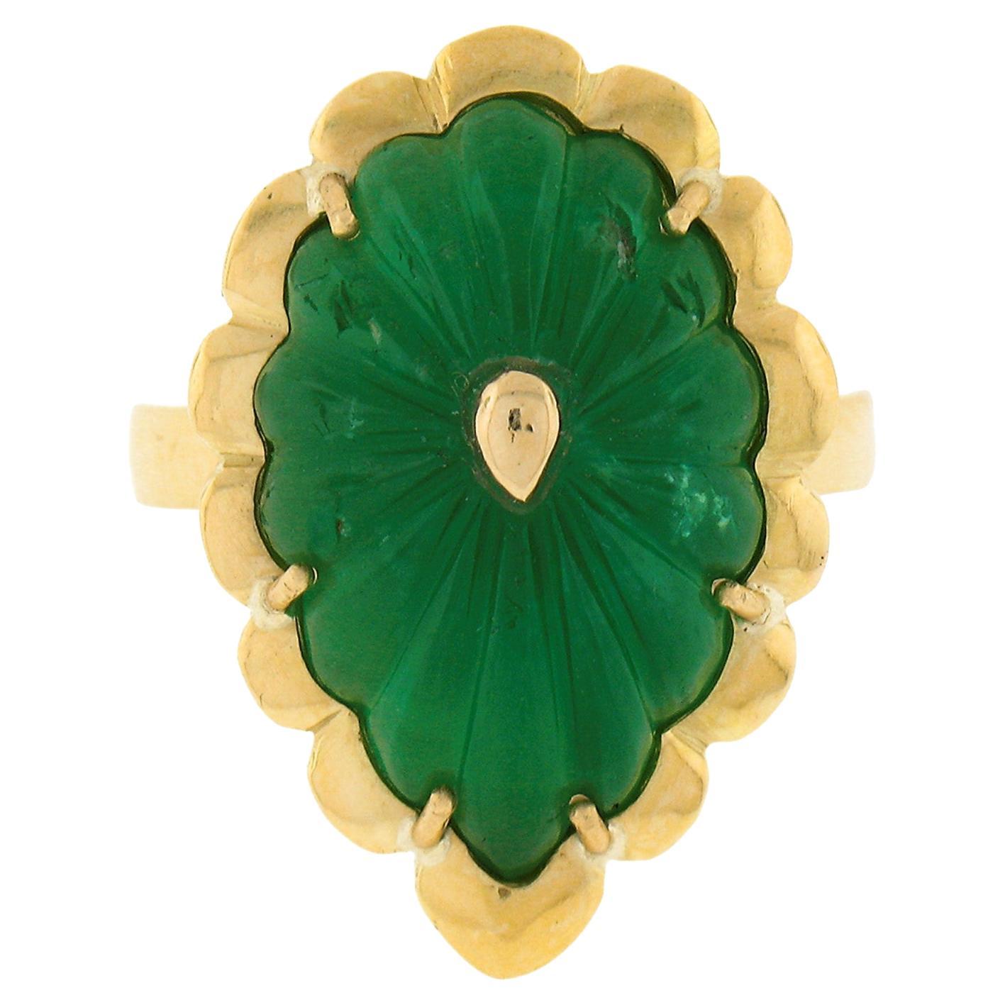 New Handmade 18K Green Gold 9ct GIA Carved Green Emerald Statement Cocktail Ring For Sale