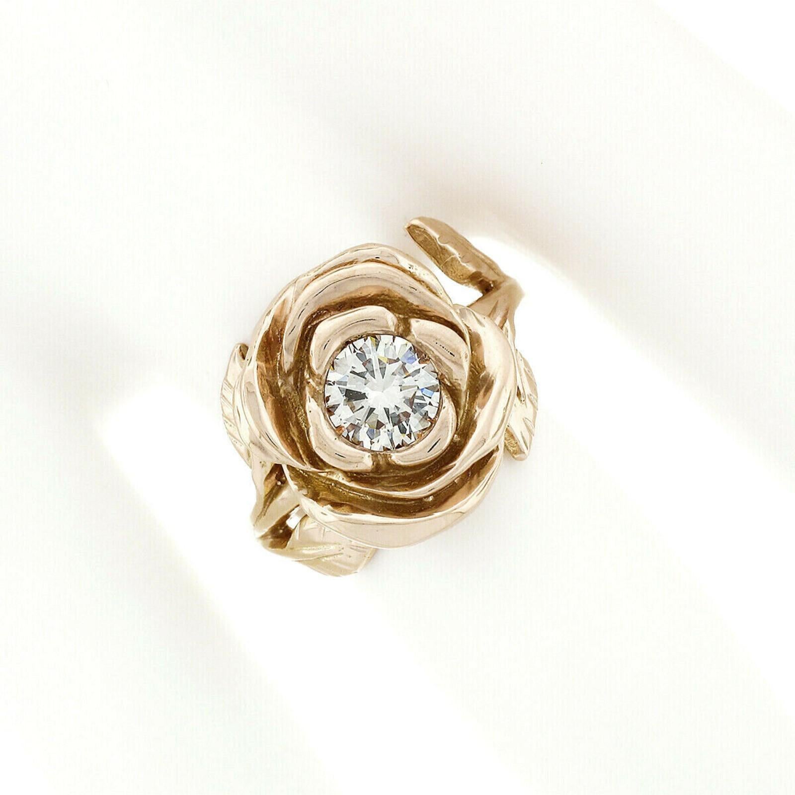 Round Cut New Handmade 18k Pink Gold 0.72ct Round Diamond Rose Flower & Engraved Leaf Ring For Sale