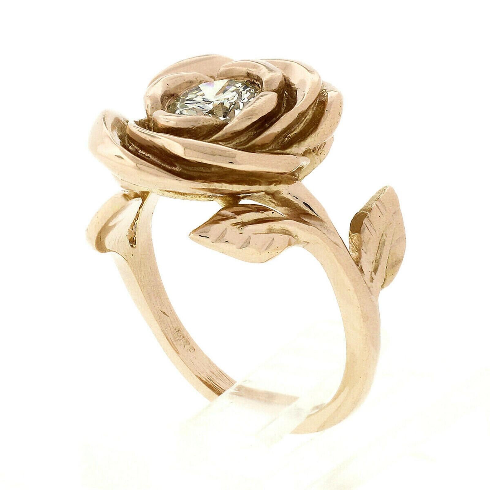 Women's New Handmade 18k Pink Gold 0.72ct Round Diamond Rose Flower & Engraved Leaf Ring For Sale