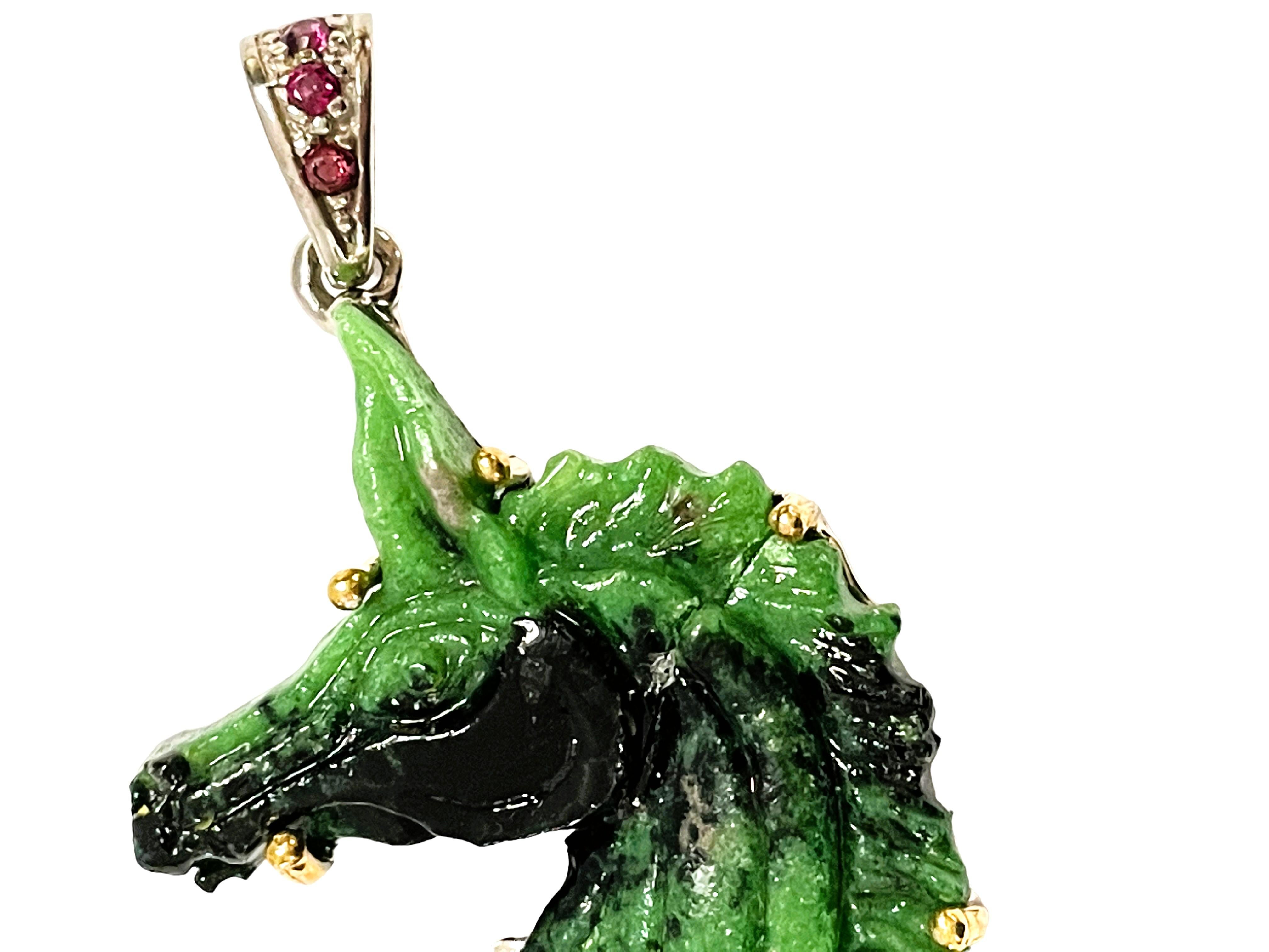 Art Deco New Handmade 52.18ct Ruby Zoisite Horse Carved Sterling Silver Pendant