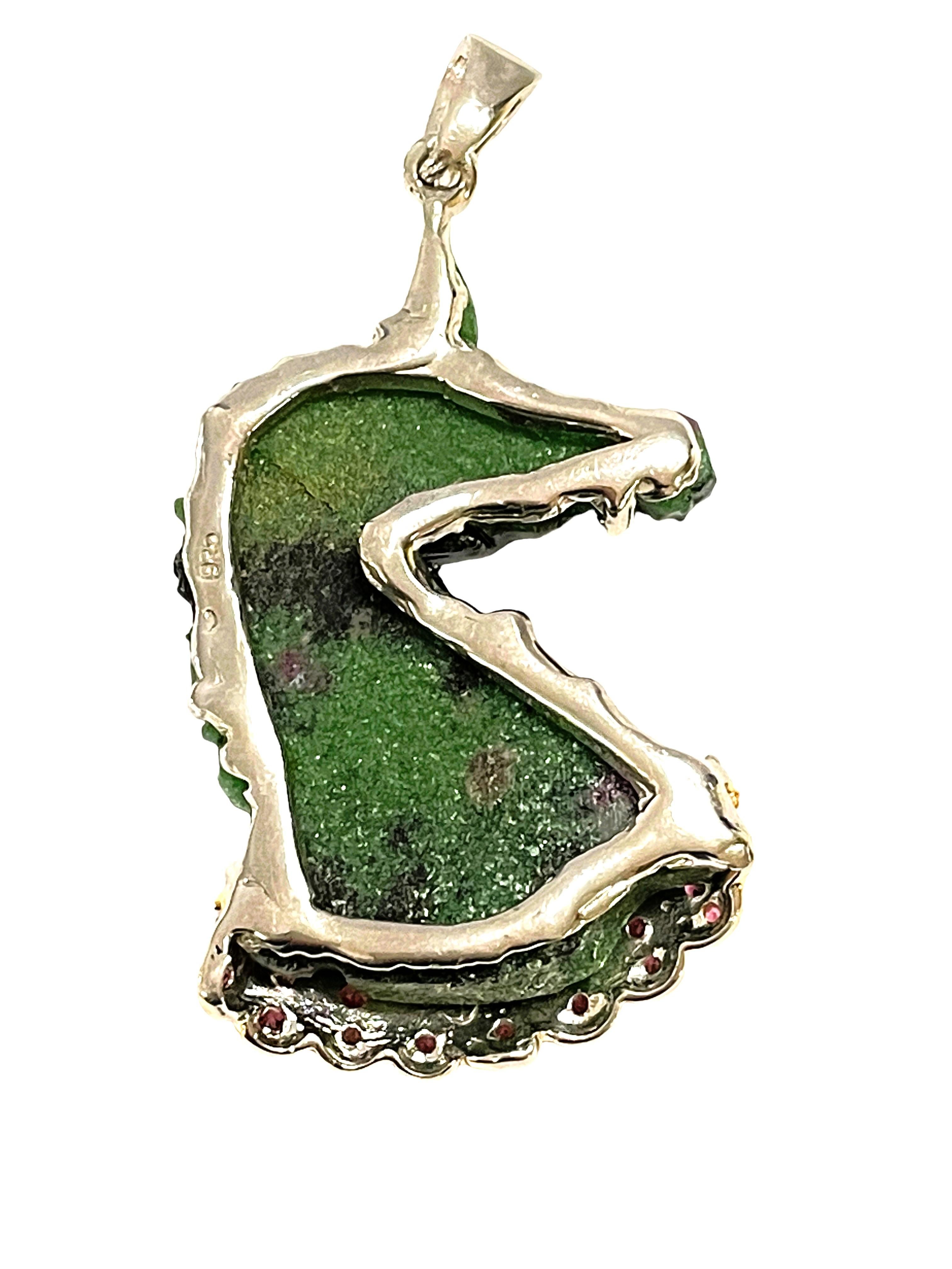 Pear Cut New Handmade 52.18ct Ruby Zoisite Horse Carved Sterling Silver Pendant