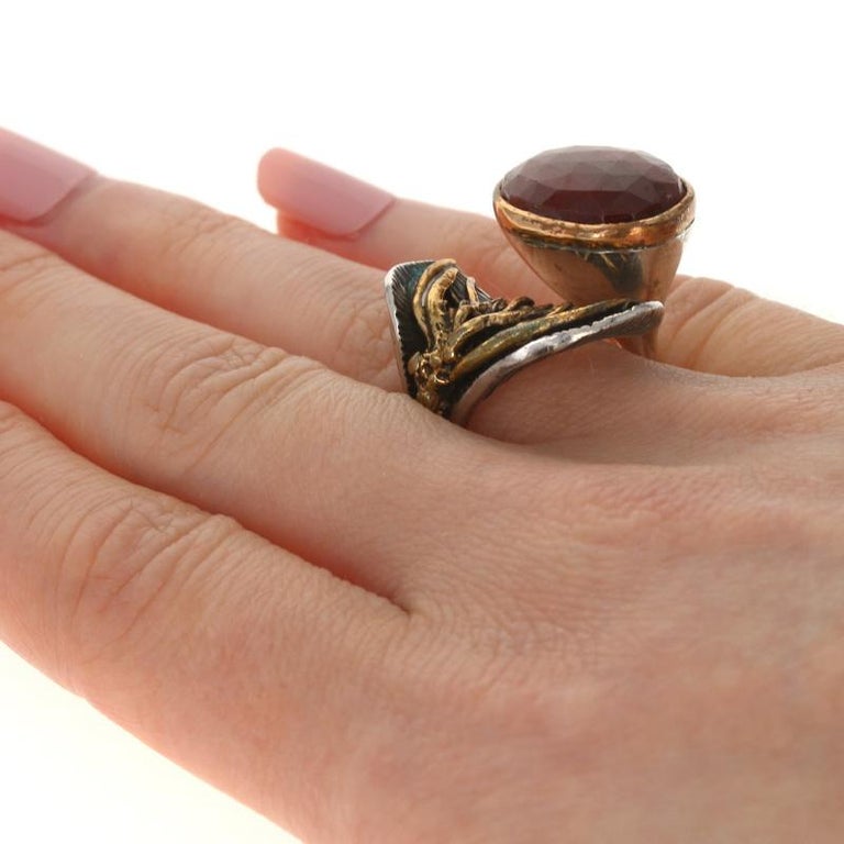 Handmade Bora Ring Ruby Sterling Silver Bronze Adjustable For Sale at