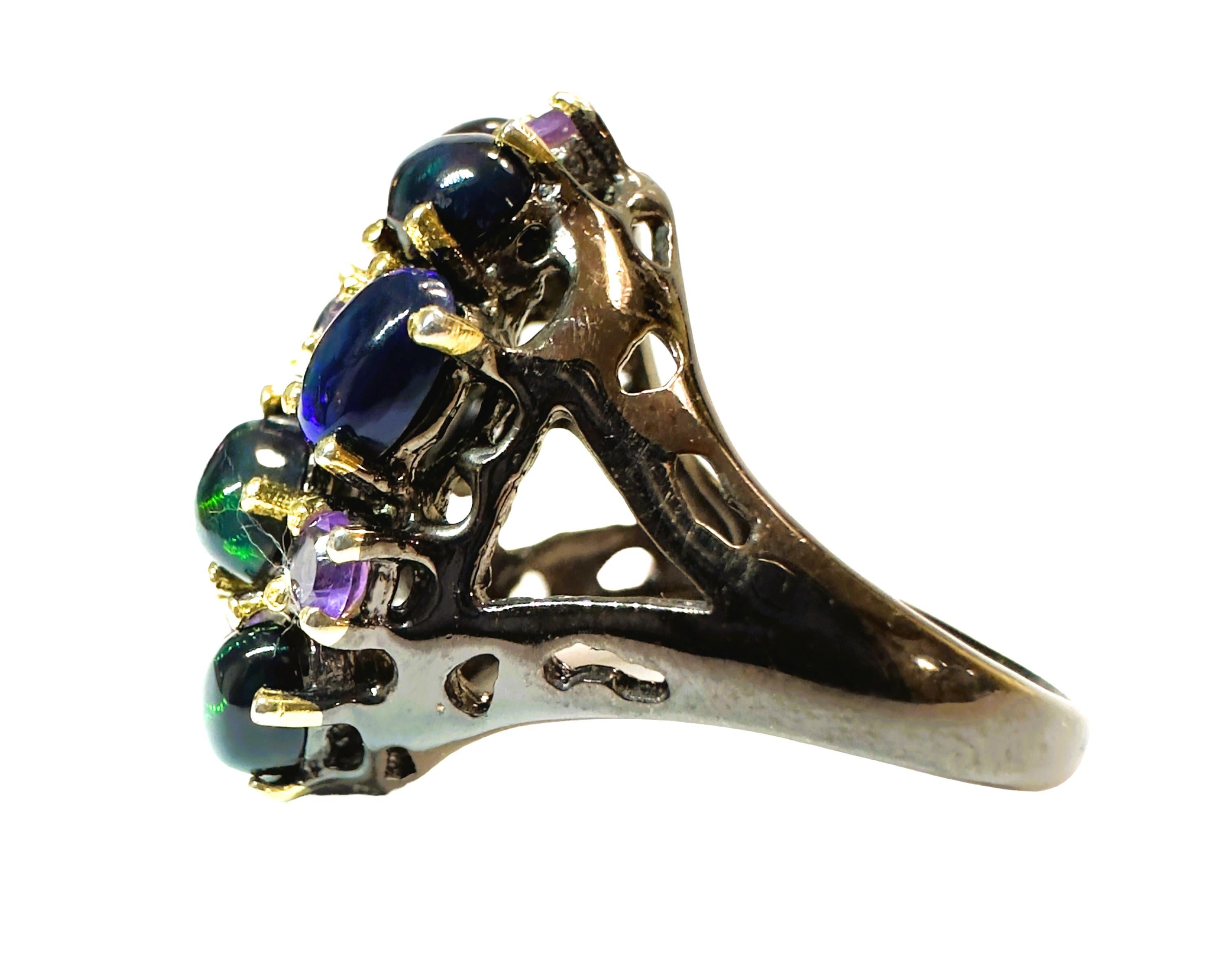 Art Deco New Handmade Ethiopian Black Opal & Amethyst Ring in Oxi-black Sterling Silver For Sale