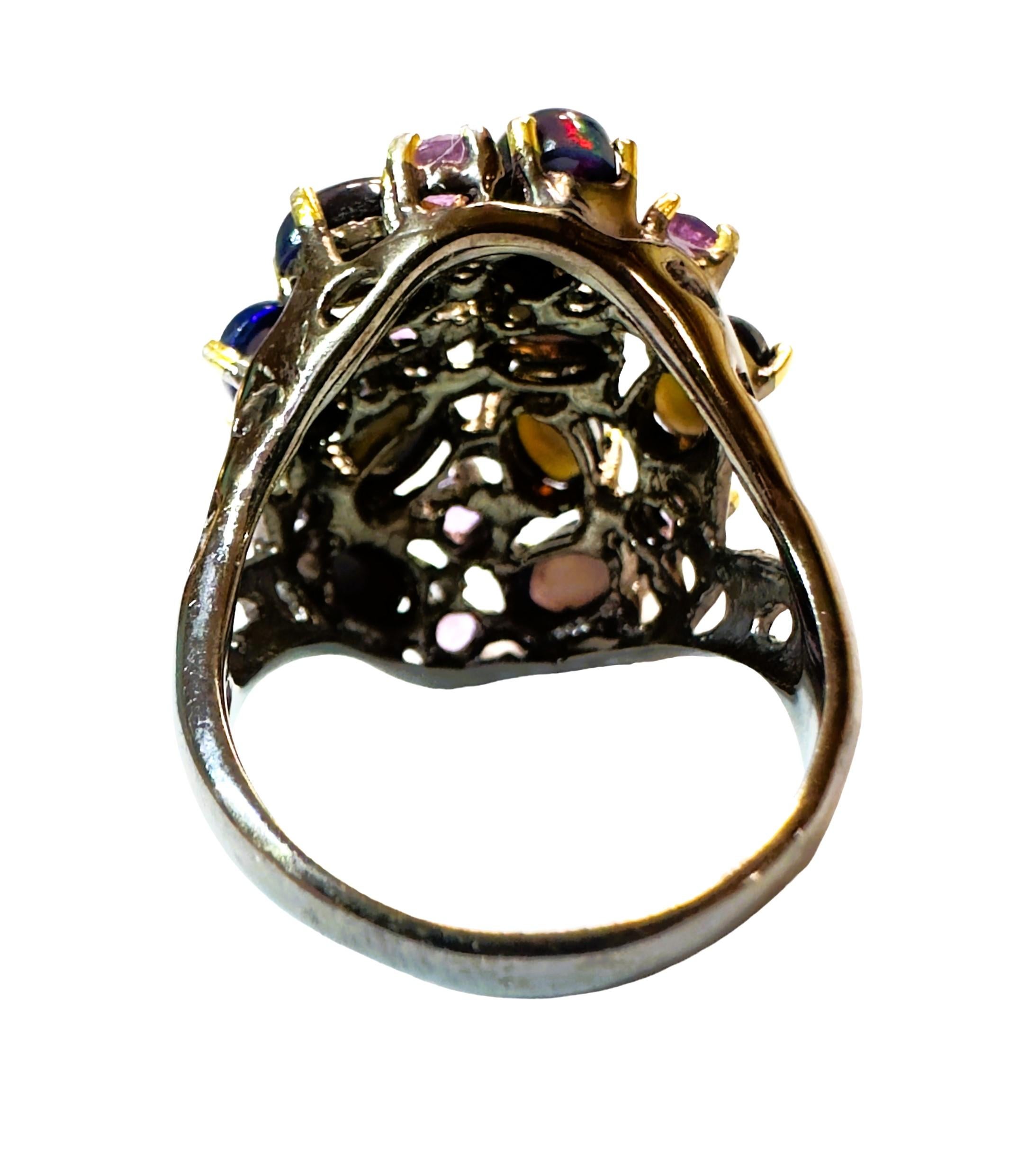 Cabochon New Handmade Ethiopian Black Opal & Amethyst Ring in Oxi-black Sterling Silver For Sale
