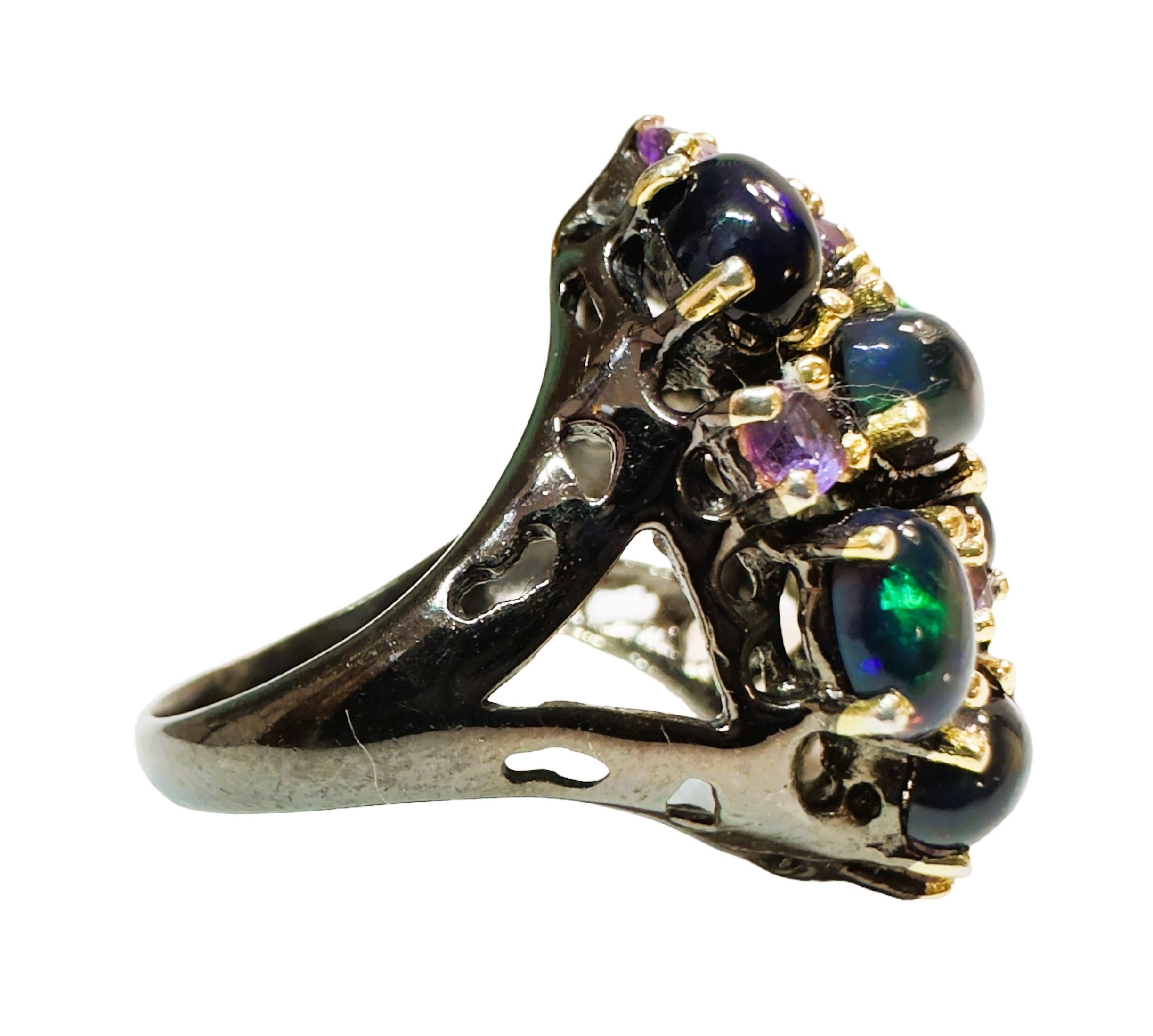 New Handmade Ethiopian Black Opal & Amethyst Ring in Oxi-black Sterling Silver In New Condition For Sale In Eagan, MN