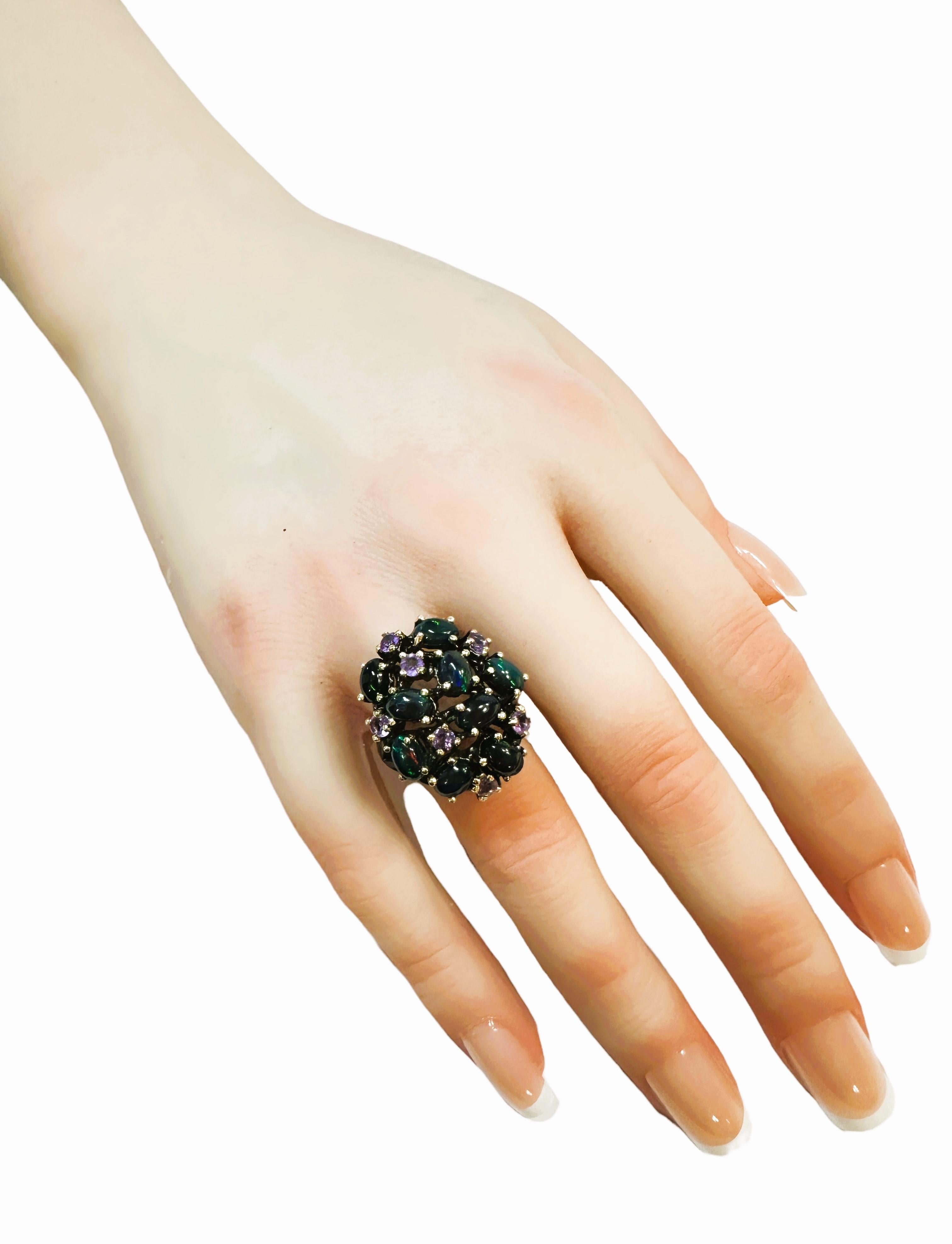 New Handmade Ethiopian Black Opal & Amethyst Ring in Oxi-black Sterling Silver For Sale 1