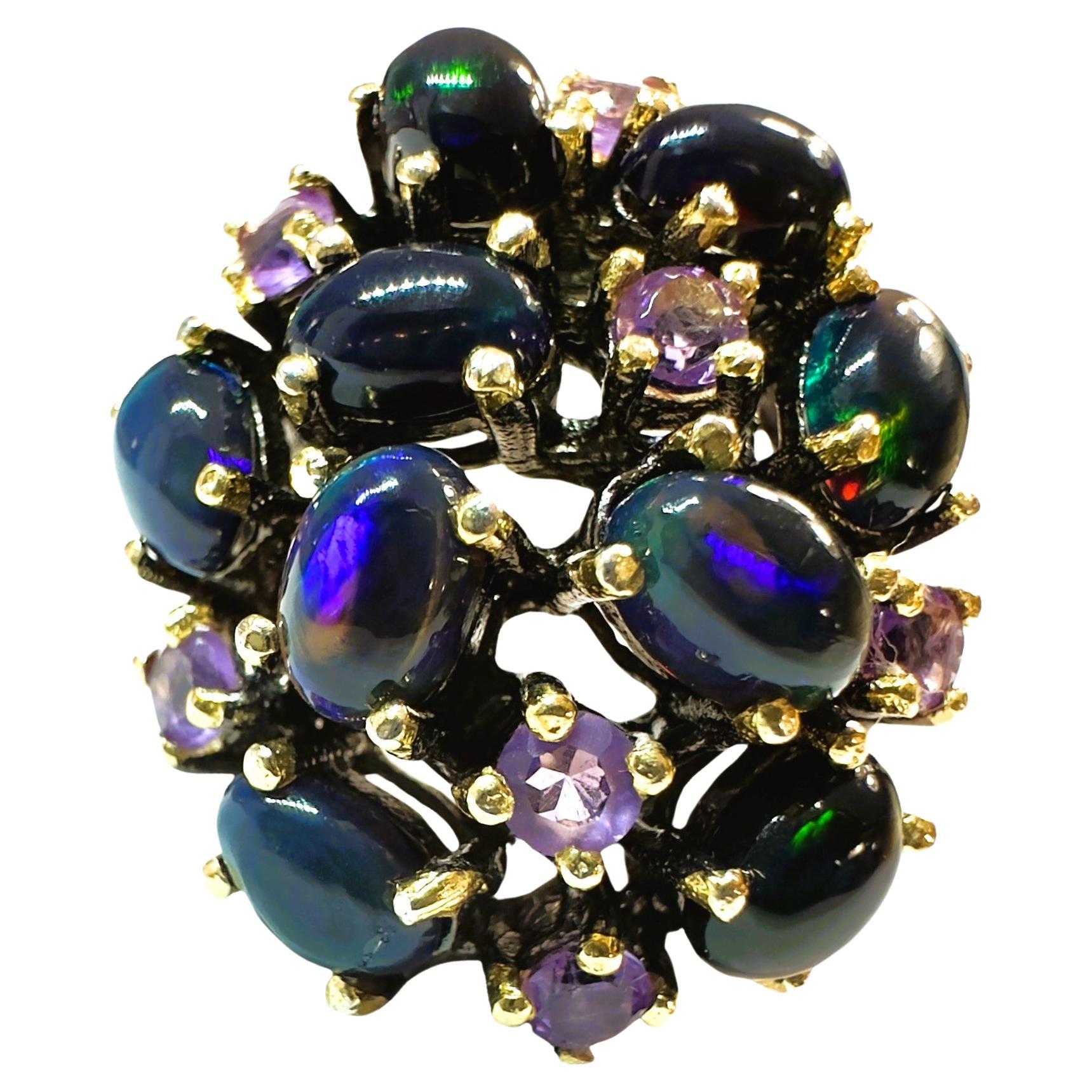 New Handmade Ethiopian Black Opal & Amethyst Ring in Oxi-black Sterling Silver For Sale