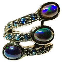New Handmade Ethiopian Black Opal & Blue Sapph Ring in Oxi-black Sterling Silver