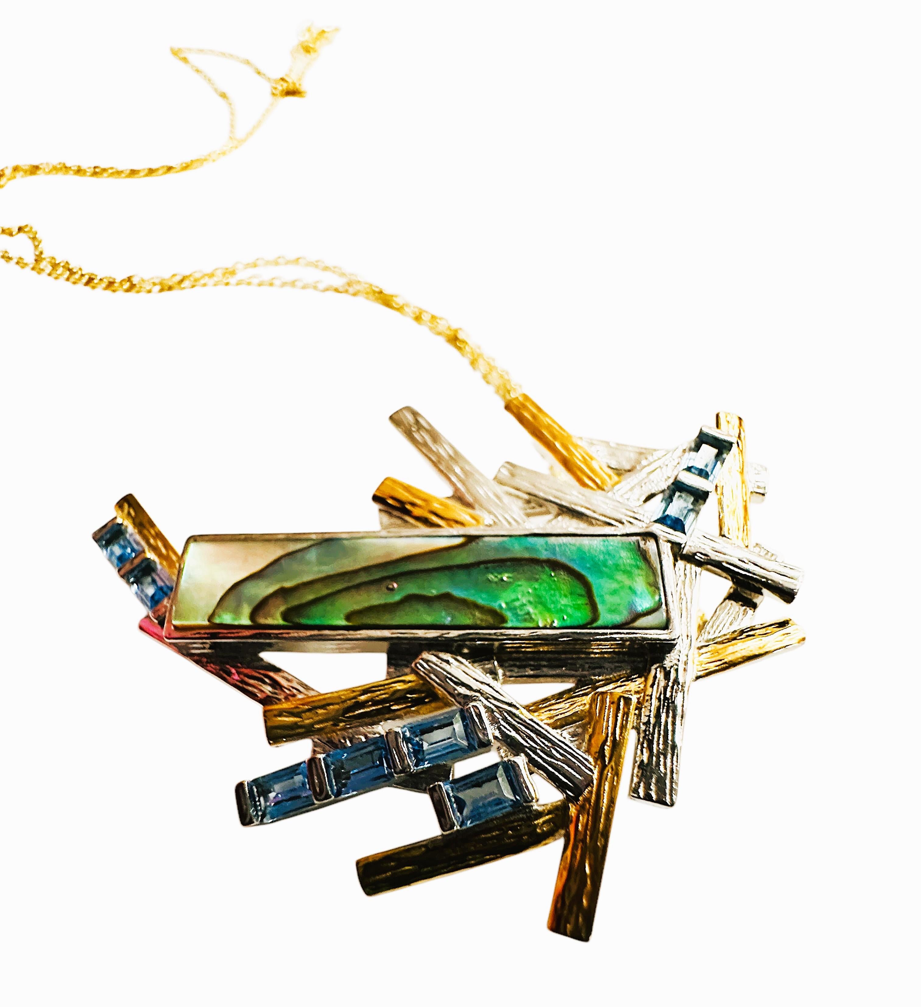 New Handmade Natural Carved Abalone & Blue Topaz 2-Tone Sterling Pendant Necklac en vente 5